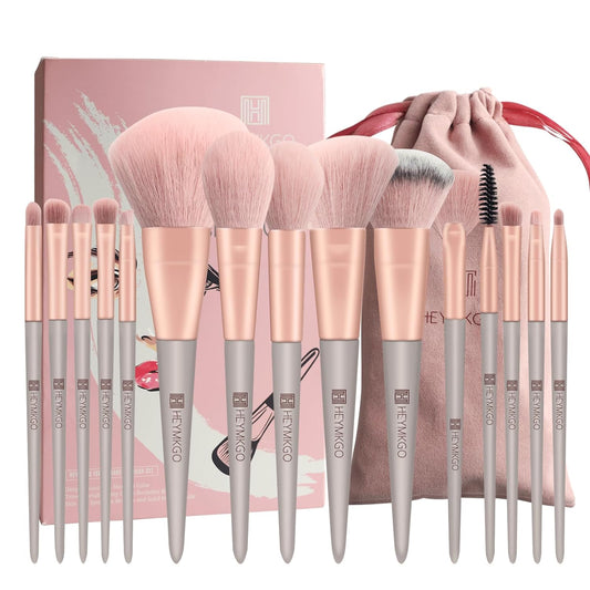 Pinselset Makeup HEYMKGO 15Pcs Synthetische Borsten Grüne Farbe Konischer Griff Make up Pinsel Set Schminkpinsel Gesicht Auge Lidschatten Mit Tragbarer Kordelzug Flanell Tasche (Rosa)