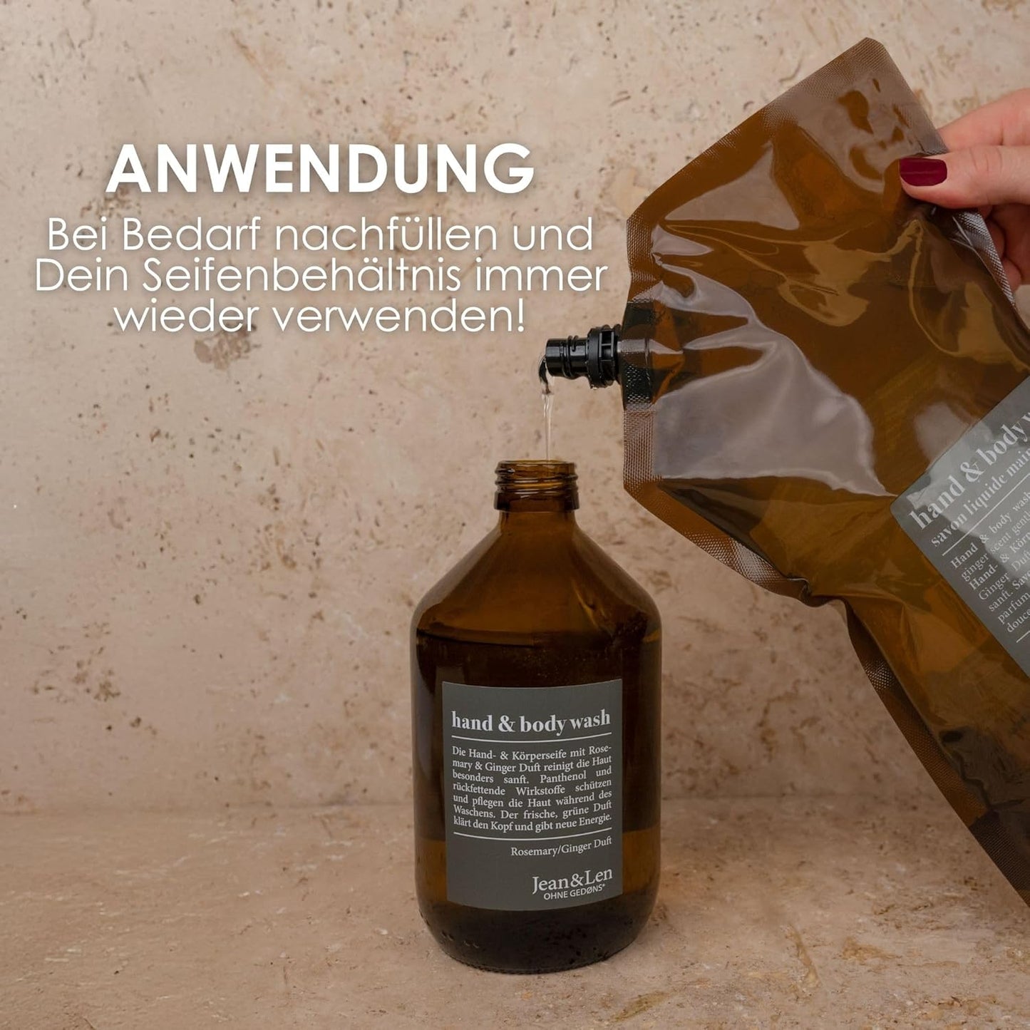 Jean & Len Hand & Body Wash Rosemary Und Ginger Im Nachfüllbeutel, Reinigt Und Pflegt Die Haut, Würzig-Frischer Duft, Flüssigseife Im Nachfüllpack, Ohne Silikone, Parabene & Mikroplastik, 1,5L
