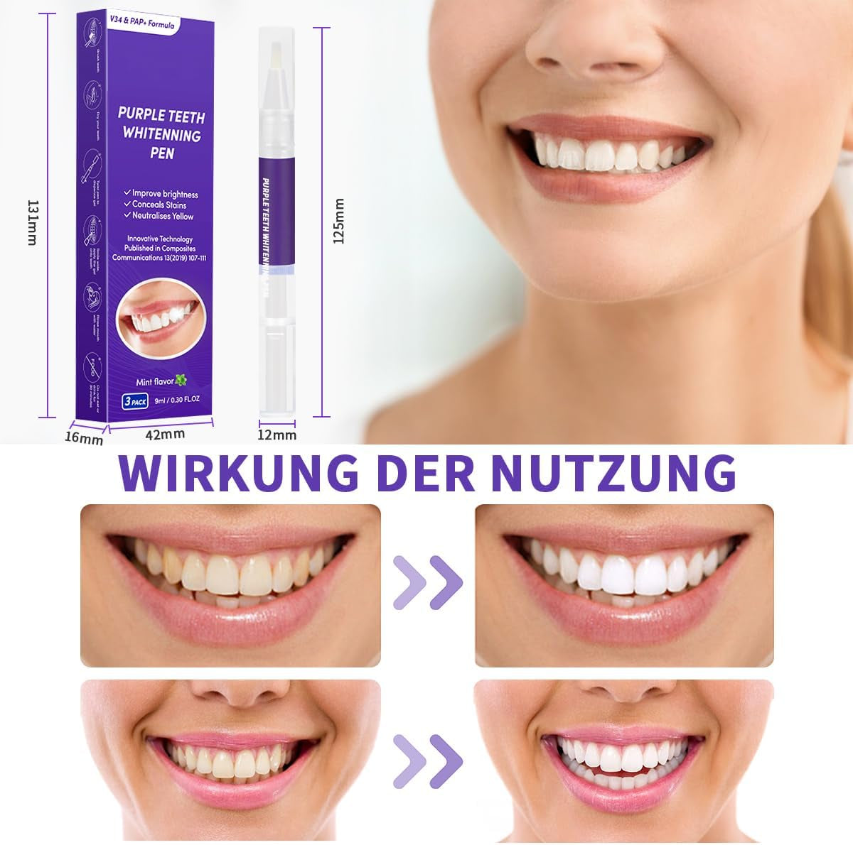 Zahnaufhellung Bleaching Stift, Purple Teeth Whitening Pen, Zähne Aufhellen, Schnelles Entfernen Aller Flecken, Zahnbleaching (3 Stück)