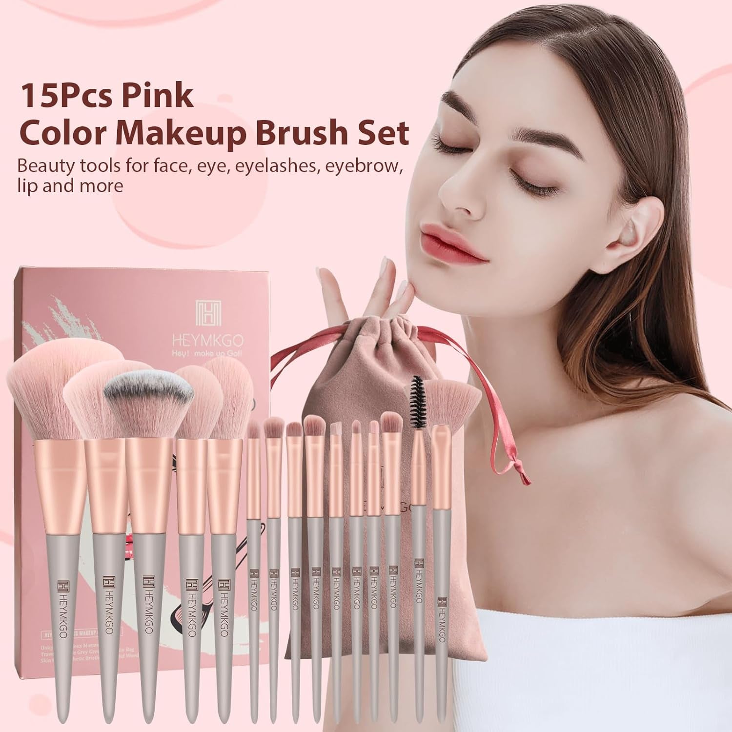 Pinselset Makeup HEYMKGO 15Pcs Synthetische Borsten Grüne Farbe Konischer Griff Make up Pinsel Set Schminkpinsel Gesicht Auge Lidschatten Mit Tragbarer Kordelzug Flanell Tasche (Rosa)