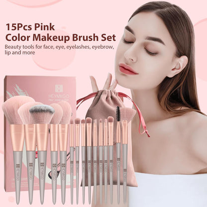 Pinselset Makeup HEYMKGO 15Pcs Synthetische Borsten Grüne Farbe Konischer Griff Make up Pinsel Set Schminkpinsel Gesicht Auge Lidschatten Mit Tragbarer Kordelzug Flanell Tasche (Rosa)