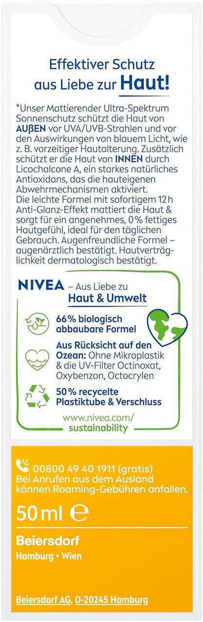 NIVEA SUN UV Gesicht Mattierender Sonnenschutz LSF 50 (50 Ml), Nicht Fettende Sonnencreme Für Das Gesicht, Sofort Wirksame Sonnenmilch Mit Leichter Textur