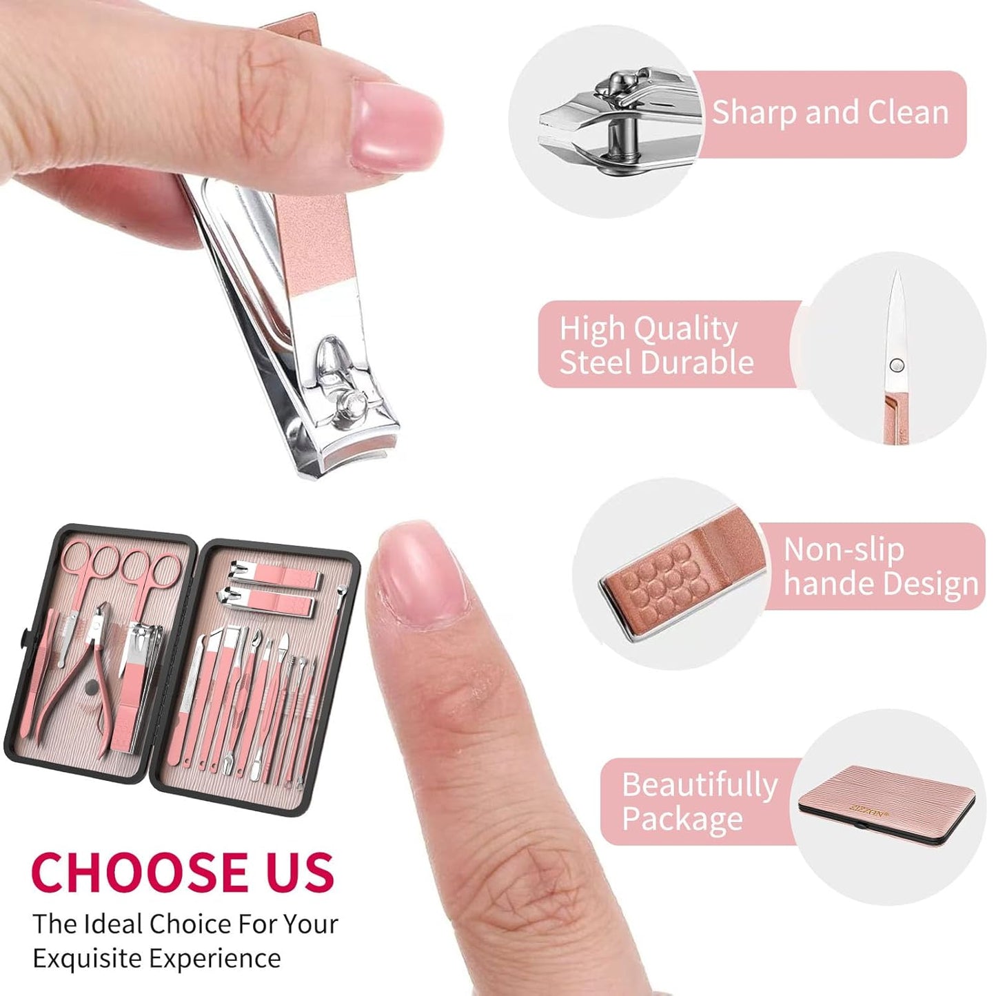 Maniküre-Set 18 in 1 Professionelles Pediküre-Set Nagelschere Grooming Kit Mit Leder Kulturbeutel in Pink