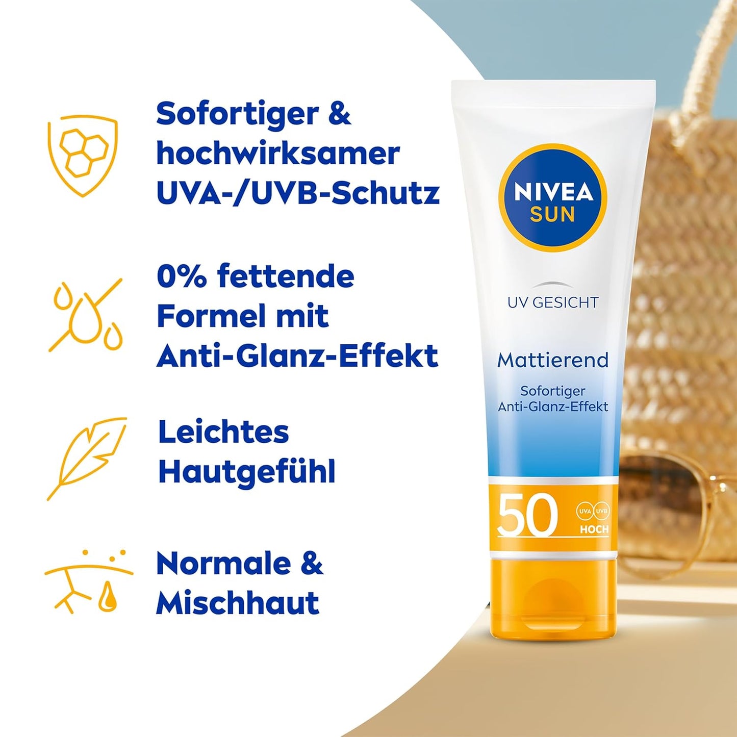 NIVEA SUN UV Gesicht Mattierender Sonnenschutz LSF 50 (50 Ml), Nicht Fettende Sonnencreme Für Das Gesicht, Sofort Wirksame Sonnenmilch Mit Leichter Textur