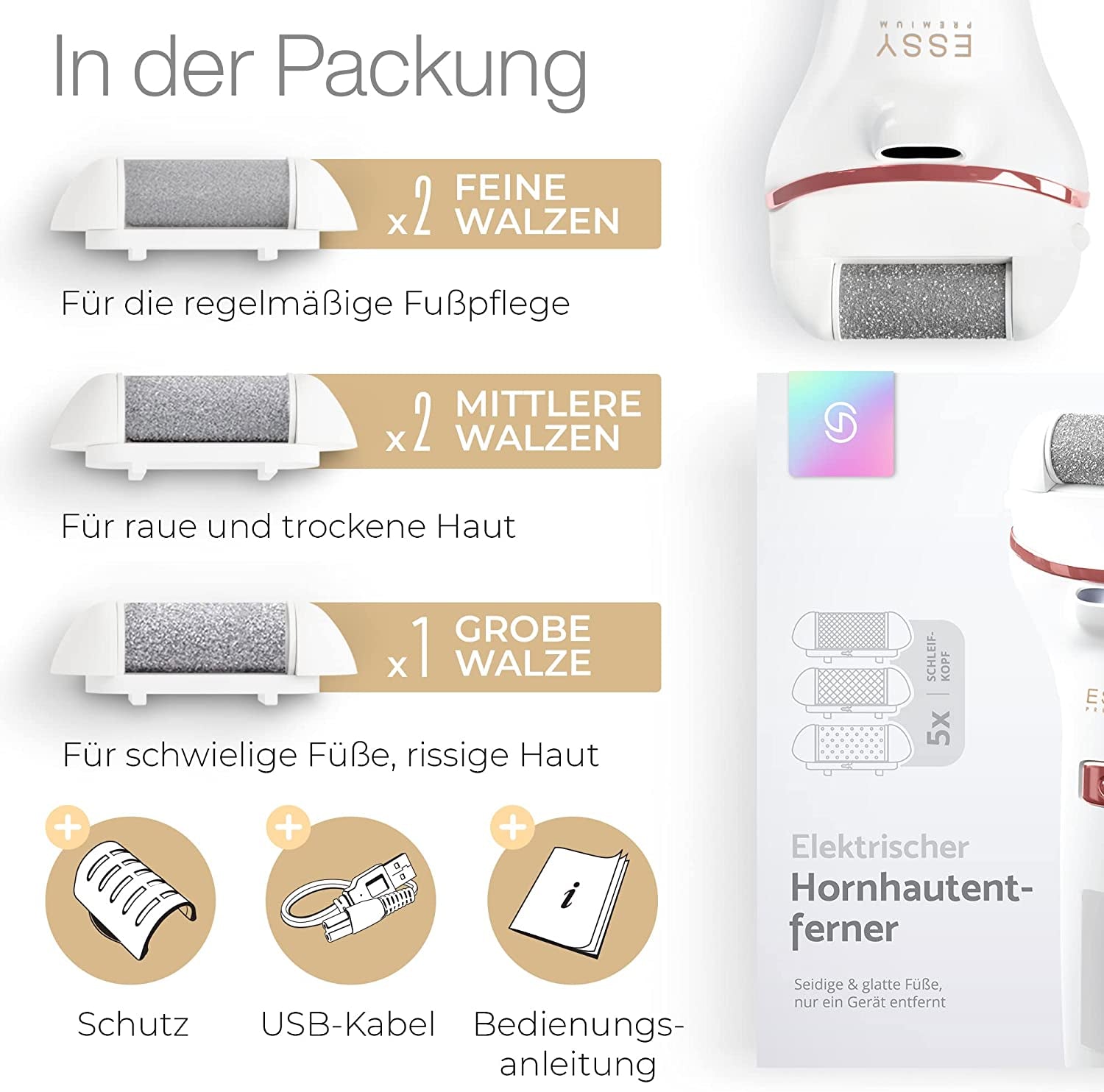 Essy Hornhautentferner Elektrisch Testsieger Mit 5 Ersatzrollen Hornhaut Entfernen Elektrischer Hornhautentferner Fußpflegegerät Pediküre Set Elektronisch Fußpflege Hornhautfeile (White)