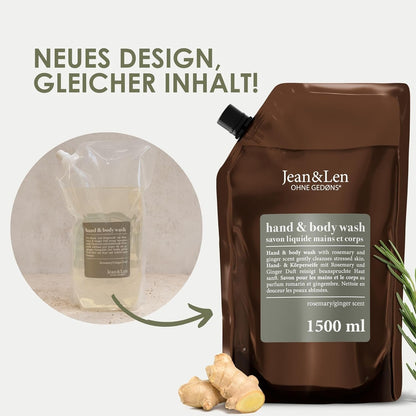 Jean & Len Hand & Body Wash Rosemary Und Ginger Im Nachfüllbeutel, Reinigt Und Pflegt Die Haut, Würzig-Frischer Duft, Flüssigseife Im Nachfüllpack, Ohne Silikone, Parabene & Mikroplastik, 1,5L