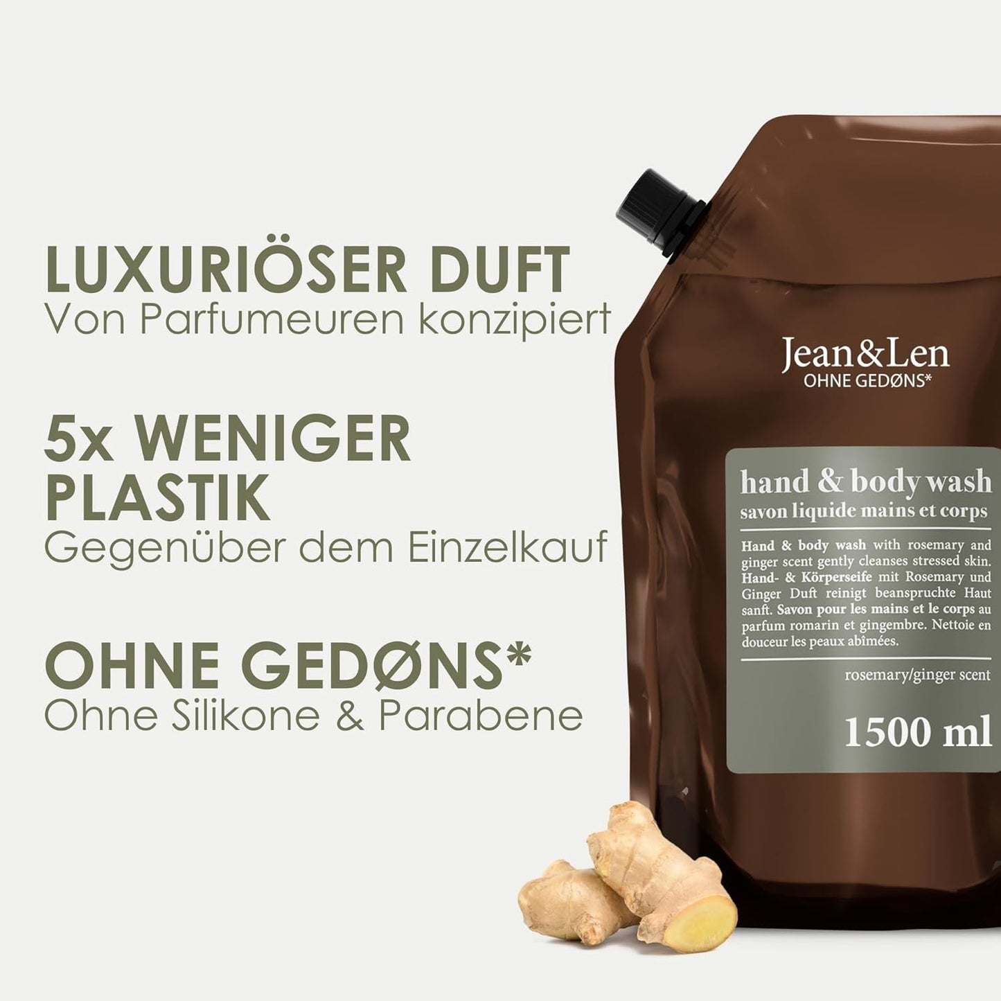 Jean & Len Hand & Body Wash Rosemary Und Ginger Im Nachfüllbeutel, Reinigt Und Pflegt Die Haut, Würzig-Frischer Duft, Flüssigseife Im Nachfüllpack, Ohne Silikone, Parabene & Mikroplastik, 1,5L