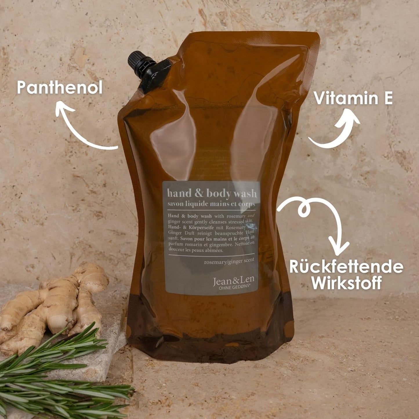 Jean & Len Hand & Body Wash Rosemary Und Ginger Im Nachfüllbeutel, Reinigt Und Pflegt Die Haut, Würzig-Frischer Duft, Flüssigseife Im Nachfüllpack, Ohne Silikone, Parabene & Mikroplastik, 1,5L