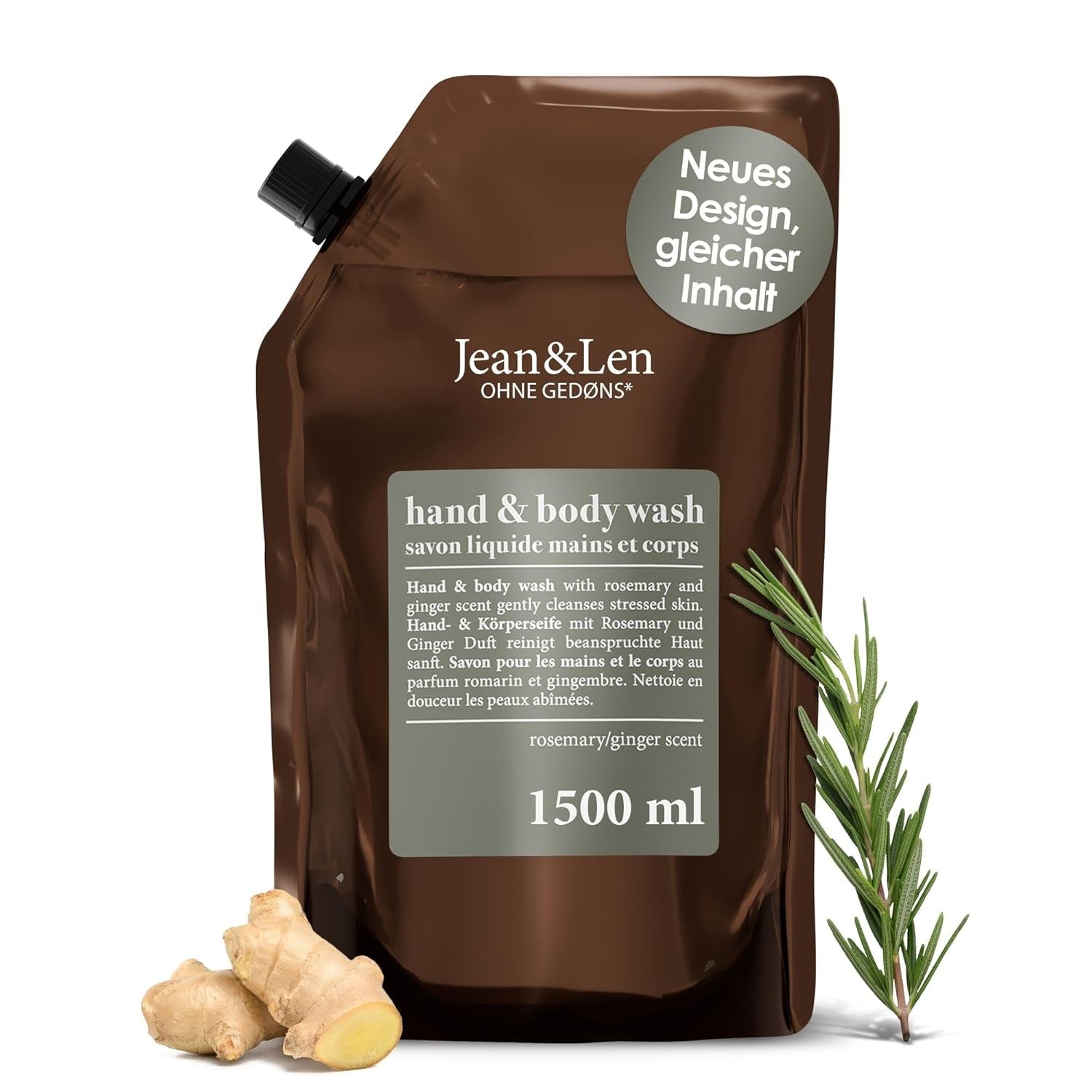 Jean & Len Hand & Body Wash Rosemary Und Ginger Im Nachfüllbeutel, Reinigt Und Pflegt Die Haut, Würzig-Frischer Duft, Flüssigseife Im Nachfüllpack, Ohne Silikone, Parabene & Mikroplastik, 1,5L